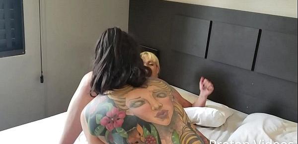  Hot Lesbian fuck between famous tattooed Brazilian pornstar Evy Kethlyn and suicide girl ManddyMay before hardcore hardsex menage threesome